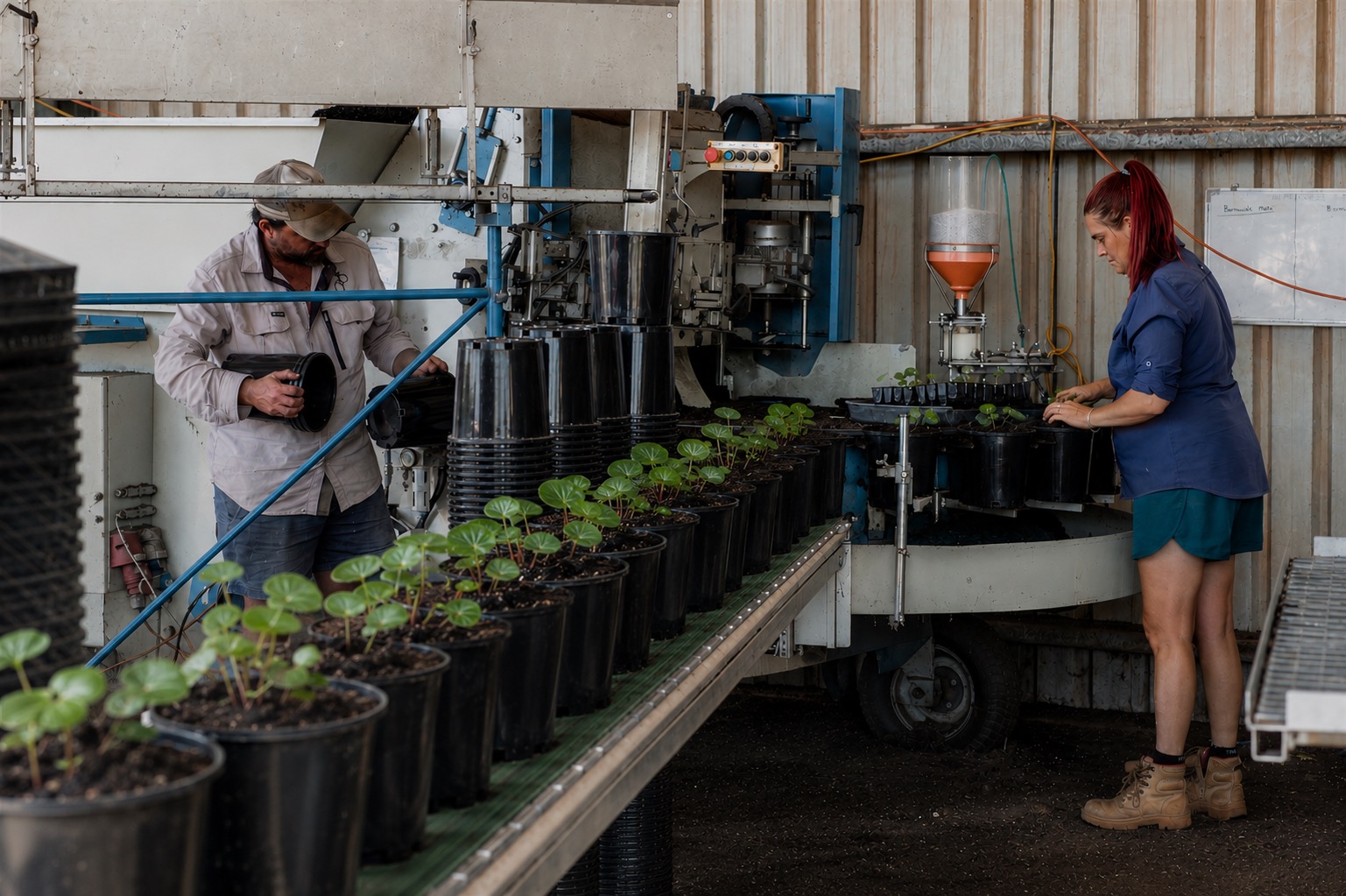 The Florafolia team potting young stock on the production line