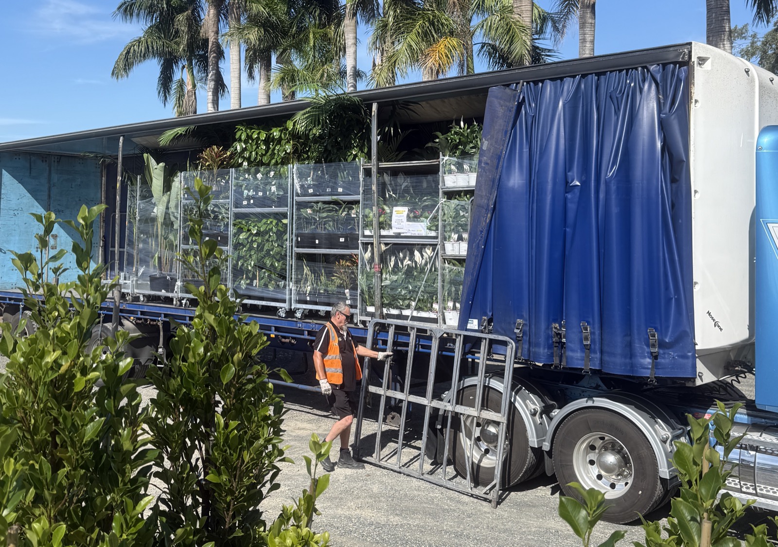Trolleys of stock loaded onto the truck for a landscape trade delivery